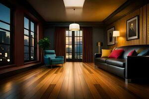 uma vivo quarto com de madeira pavimentos e uma sofá. gerado por IA foto