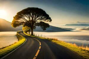 uma árvore em uma estrada com a Sol configuração atrás isto. gerado por IA foto