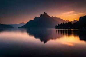 a montanhas estão refletido dentro a água às pôr do sol. gerado por IA foto