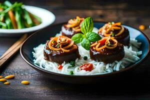 uma prato do almôndegas com arroz e legumes. gerado por IA foto