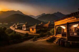 a Sol conjuntos sobre uma montanha Vila dentro China. gerado por IA foto