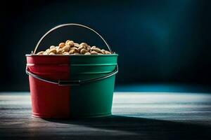 uma balde do amendoim em uma de madeira mesa. gerado por IA foto