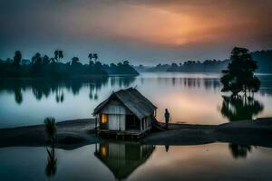 a casa em a lago. gerado por IA foto