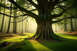 uma ampla árvore dentro a meio do uma floresta. gerado por IA foto