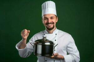 masculino chefe de cozinha segurando cozinhando Panela. gerar ai foto