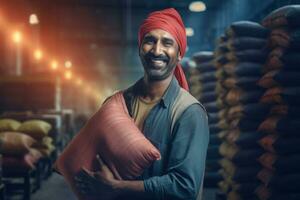 indiano agricultor carregando saco sorridente face. gerar ai foto