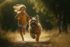 pequeno cachorro corrida dentro campo com menina criança pequena. gerar ai foto