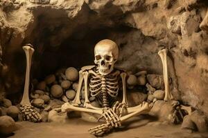 antigo túmulo caverna com esqueleto. gerar ai foto