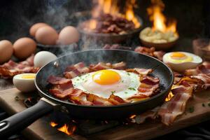 delicioso bacon e ovos cozinhou dentro uma fritar frigideira. ai gerado foto