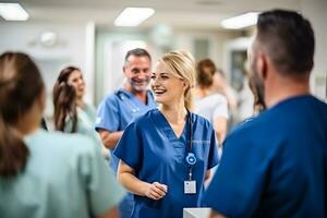 médicos e médico funcionários dentro a lazer quarto estão falando e bebendo café. ai generativo foto