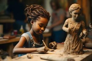 afro-americano menina esculpe uma argila construir enquanto sentado às uma mesa dentro oficina. ai generativo foto