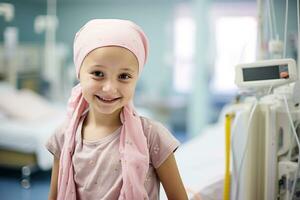 feliz Câncer paciente. sorridente menina depois de quimioterapia tratamento às hospital oncologia departamento. leucemia Câncer recuperação. Câncer sobrevivente. sorridente Careca fofa menina com uma Rosa lenço de cabeça. generativo ai. foto