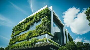 ecológico construção dentro a moderno cidade. sustentável vidro escritório construção com árvore para reduzindo carbono dióxido. escritório construção com verde ambiente. corporativo construção reduzir co2. generativo ai foto