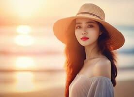 a ásia mulher dentro uma chapéu às a de praia durante pôr do sol. ai gerado foto