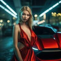 Loiras mulher dentro vermelho seda vestir Próximo para luxo esporte carro. vida noturna ai generativo foto