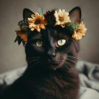 Preto gato com flor guirlanda em cabeça. realista retrato. ai generativo foto