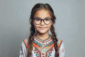 escola aluno, nativo americano menina dentro óculos em fundo com cópia de espaço, costas para escola ai generativo foto