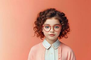 escola aluno, engraçado vermelho cabelo menina dentro óculos em fundo com cópia de espaço, costas para escola ai generativo foto