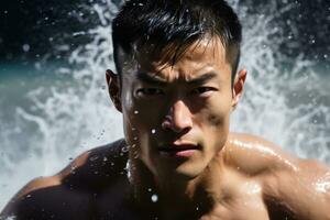 jovem masculino profissional muscular nadador, homem natação frente visualizar, fechar-se com água respingo ai generativo foto