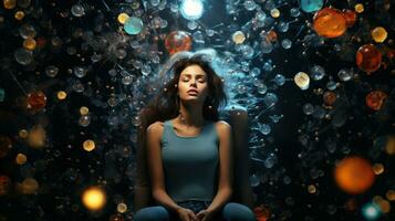 jovem mulher sentado dentro a poltrona dentro uma Sombrio quarto e sonhando com abstrato bolha fundo. foto