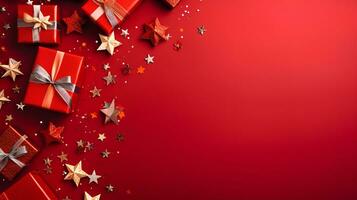 ai generativo.presente caixas e Natal decorações em vermelho fundo, plano deitar. espaço para texto foto