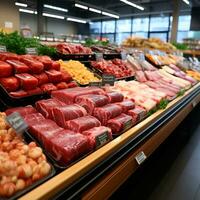 fresco carne produtos, carne bovina, carne de porco dentro a geladeira em exibição dentro uma supermercado, saudável comendo - ai gerado imagem foto