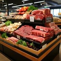 fresco carne produtos, carne bovina, carne de porco dentro a geladeira em exibição dentro uma supermercado, saudável comendo - ai gerado imagem foto