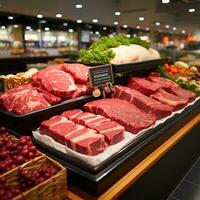 fresco carne produtos, carne bovina, carne de porco dentro a geladeira em exibição dentro uma supermercado, saudável comendo - ai gerado imagem foto