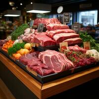 fresco carne produtos, carne bovina, carne de porco dentro a geladeira em exibição dentro uma supermercado, saudável comendo - ai gerado imagem foto