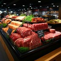 fresco carne produtos, carne bovina, carne de porco dentro a geladeira em exibição dentro uma supermercado, saudável comendo - ai gerado imagem foto