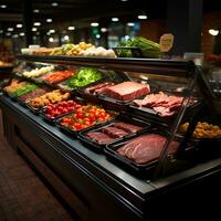 fresco carne produtos, carne bovina, carne de porco dentro a geladeira em exibição dentro uma supermercado, saudável comendo - ai gerado imagem foto