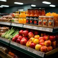 mercearia loja, fruta contador, suco bebidas fechar-se - ai gerado imagem foto