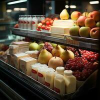 laticínios produtos, leite e queijo dentro uma supermercado, Comida exibição - ai gerado imagem foto