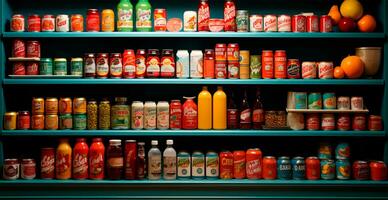mercearia loja, fruta contador, bebidas, sucos, geléias em exibição dentro uma supermercado - ai gerado imagem foto