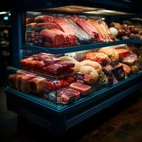 fresco carne produtos, carne bovina, carne de porco dentro a geladeira em exibição dentro uma supermercado, saudável comendo - ai gerado imagem foto