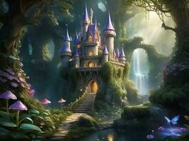 uma magnífico fada castelo escondido profundo dentro a encantado floresta foto