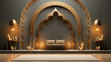 pódio fundo. Ramadã feriado minimalismo estilo . árabe Projeto com tons do bege ouro cores. ai gerado foto