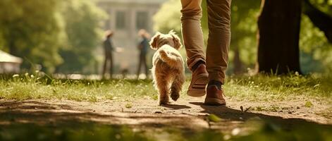 uma cachorro com Está proprietário em uma andar dentro natureza. ai gerado foto