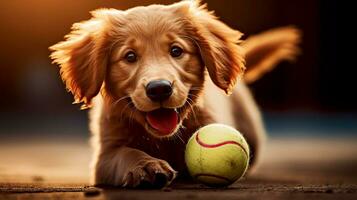 brincalhão cachorro fechar-se brincando deitado com uma tênis bola em uma borrado fundo. retrato do uma cachorro. ai gerado foto