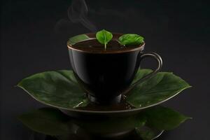 uma copo do Sombrio café com uma solteiro folha do base gerado de ai foto