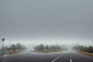 esvaziar cidade estrada coberto dentro névoa, enevoado asfalto estrada em uma inverno manhã gerado de ai foto