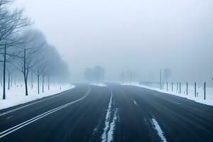 esvaziar cidade estrada coberto dentro névoa, enevoado asfalto estrada em uma inverno manhã gerado de ai foto