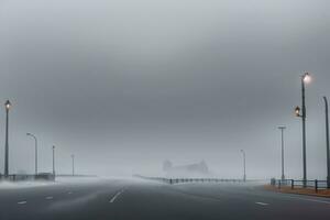 esvaziar cidade estrada coberto dentro névoa, enevoado asfalto estrada em uma inverno manhã gerado de ai foto