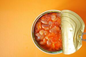 preservado enlatado tomate feijões em cor fundo foto