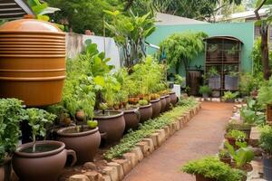 uma casa jardim com água da chuva colheita e compostagem sistemas. bem conservado jardim área com camas e água tanques. doméstico, flor camas com plantas. ai generativo foto