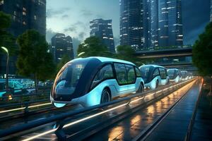 moderno não tripulado metrô carro em a rua do uma futuro verde cidade. uma futurista cidade com elétrico público transporte sistemas. ai generativo foto