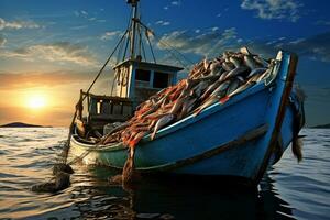 ampla ecológico pescaria barco com pegar do a dia. ai generativo foto