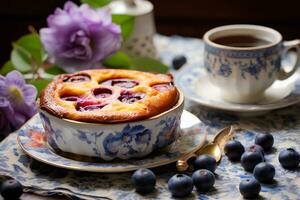 azul ameixa clafoutis, glacê, e chá. ai generativo foto