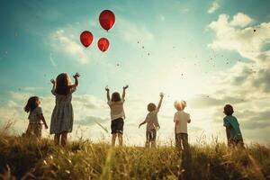 uma grupo do crianças liberando balões para dentro a céu. crianças apreciar festivo balões. balões contra uma Claro azul céu. ai generativo foto
