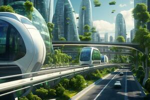 moderno não tripulado metrô carro em a rua do uma futuro verde cidade. uma futurista cidade com elétrico público transporte sistemas. ai generativo foto